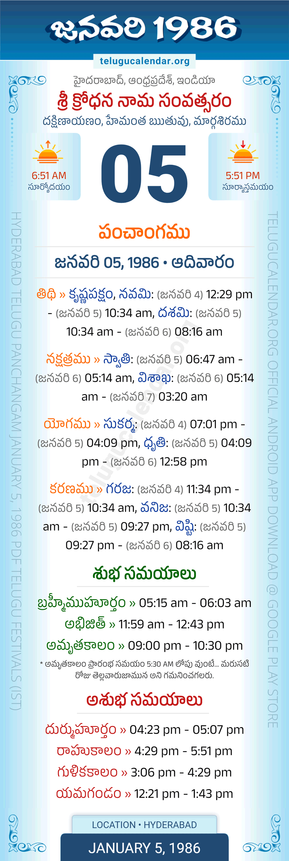 January 5, 1986 Telugu Calendar Panchangam Daily