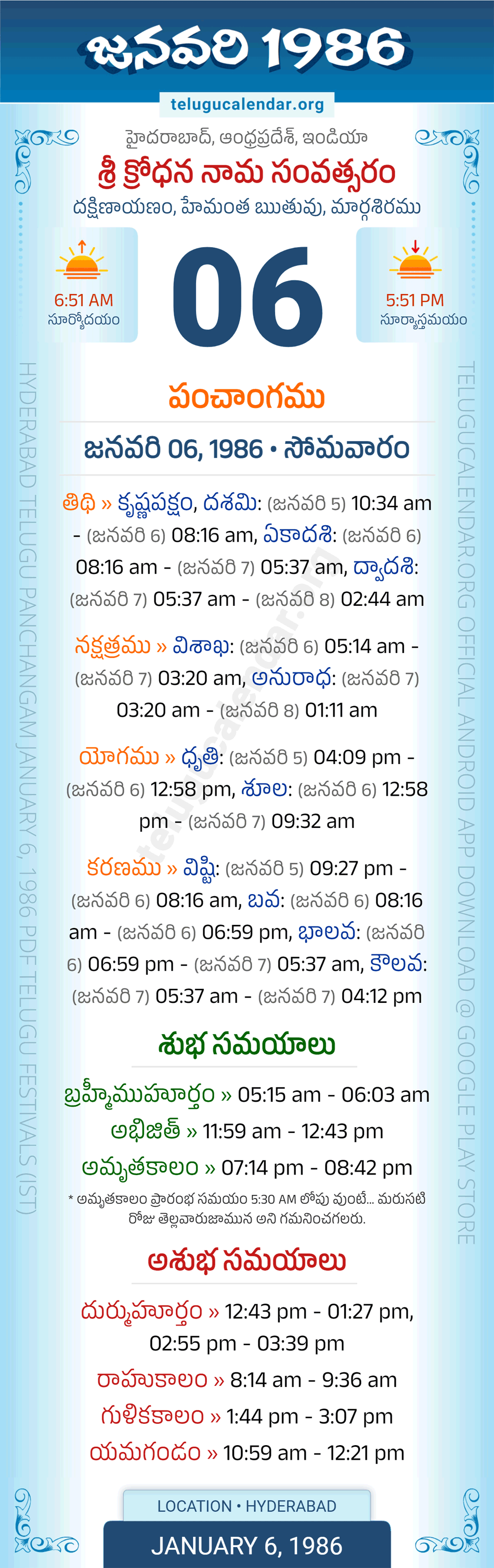 January 6, 1986 Telugu Calendar Panchangam Daily