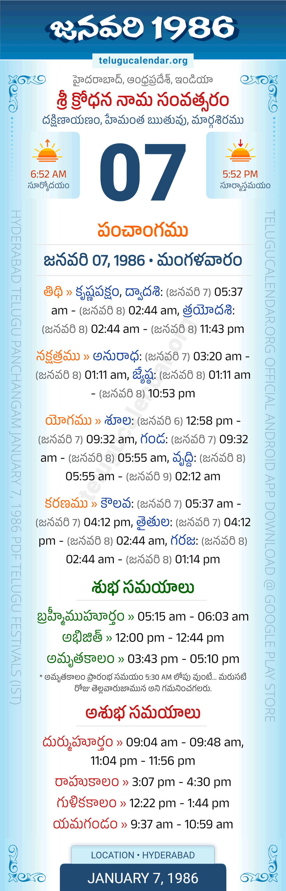 January 7, 1986 Telugu Calendar Panchangam Daily