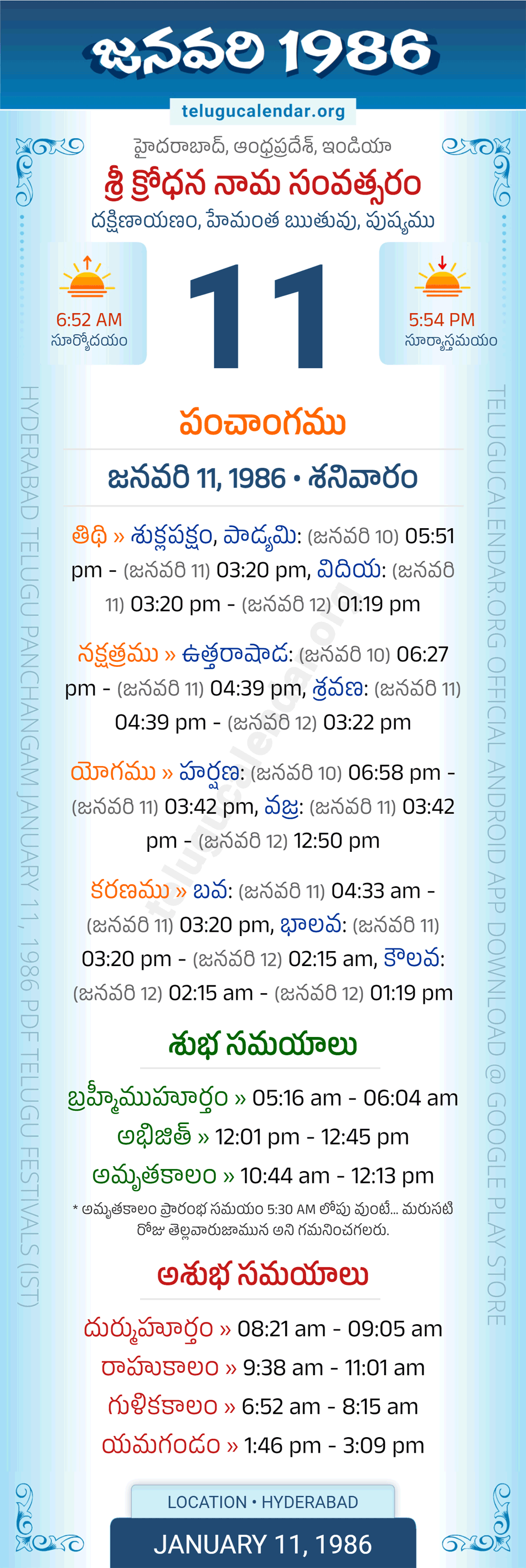 January 11, 1986 Telugu Calendar Panchangam Daily