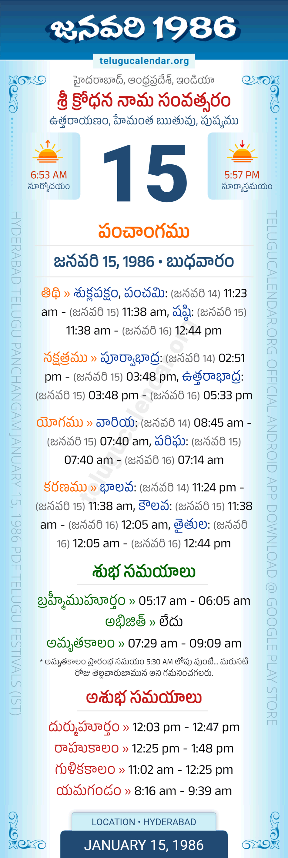 January 15, 1986 Telugu Calendar Panchangam Daily