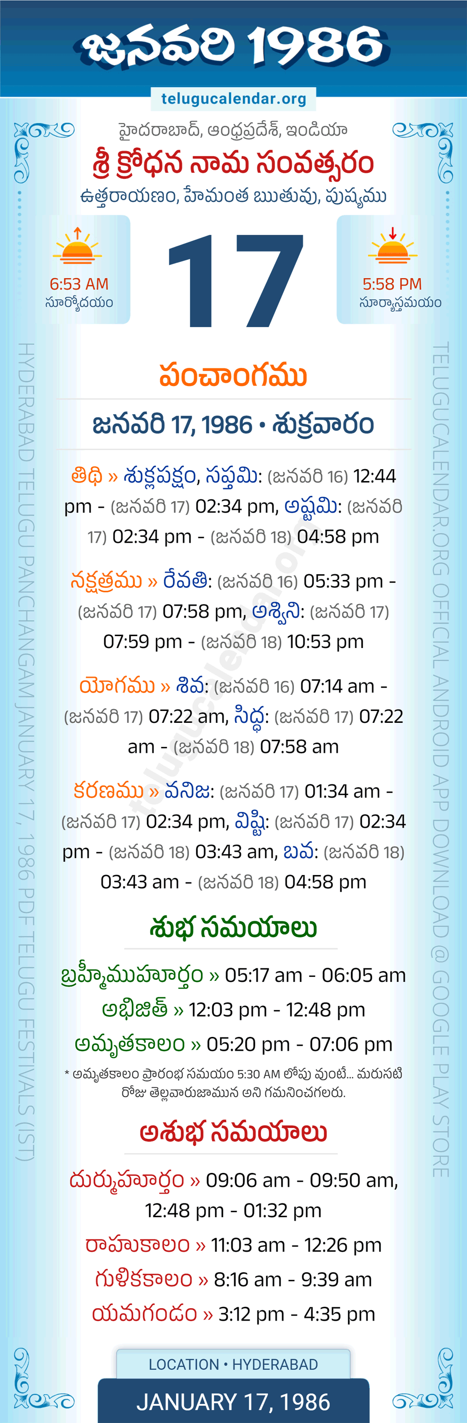 January 17, 1986 Telugu Calendar Panchangam Daily