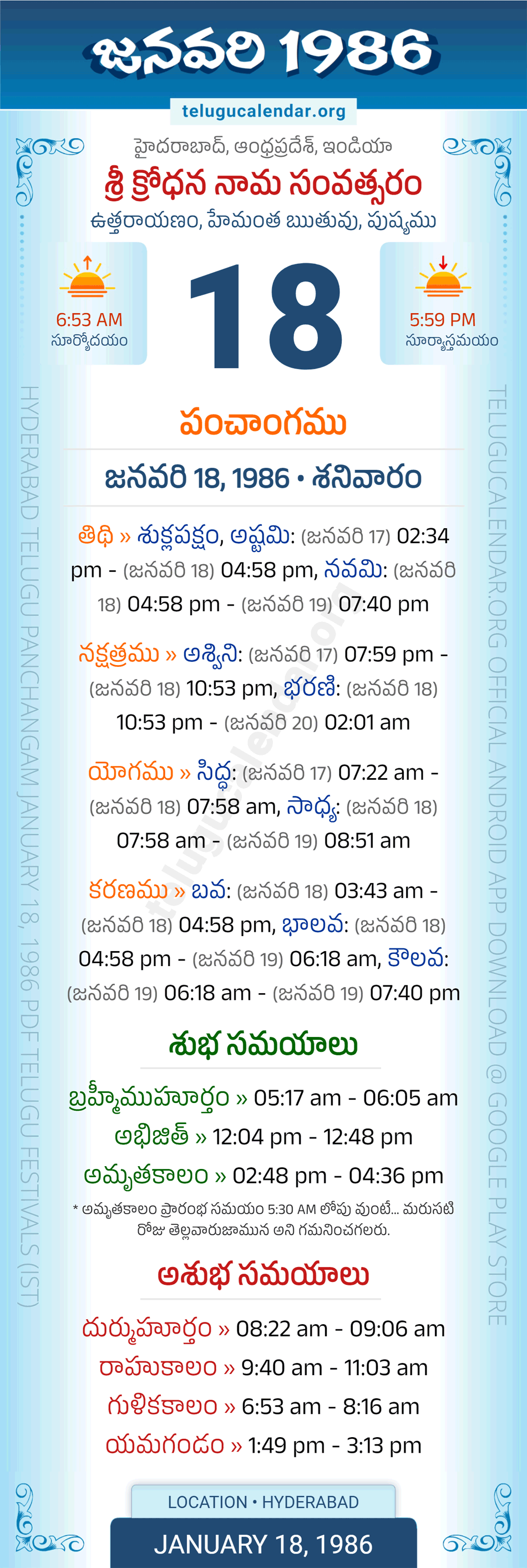 January 18, 1986 Telugu Calendar Panchangam Daily