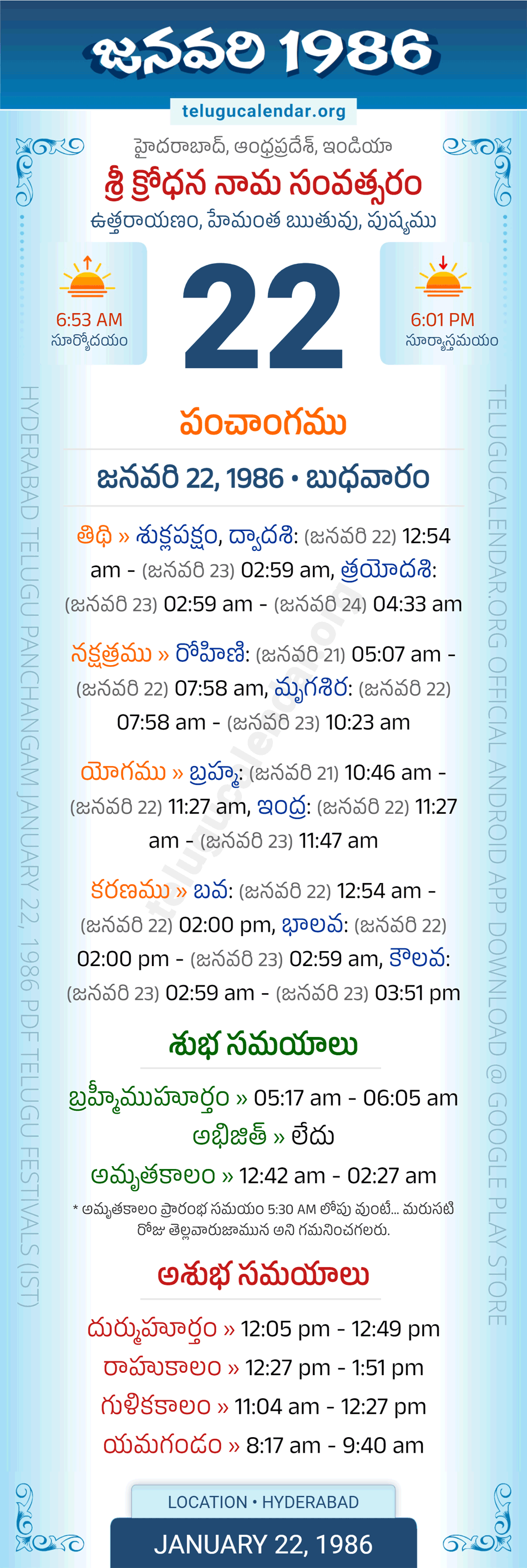 January 22, 1986 Telugu Calendar Panchangam Daily
