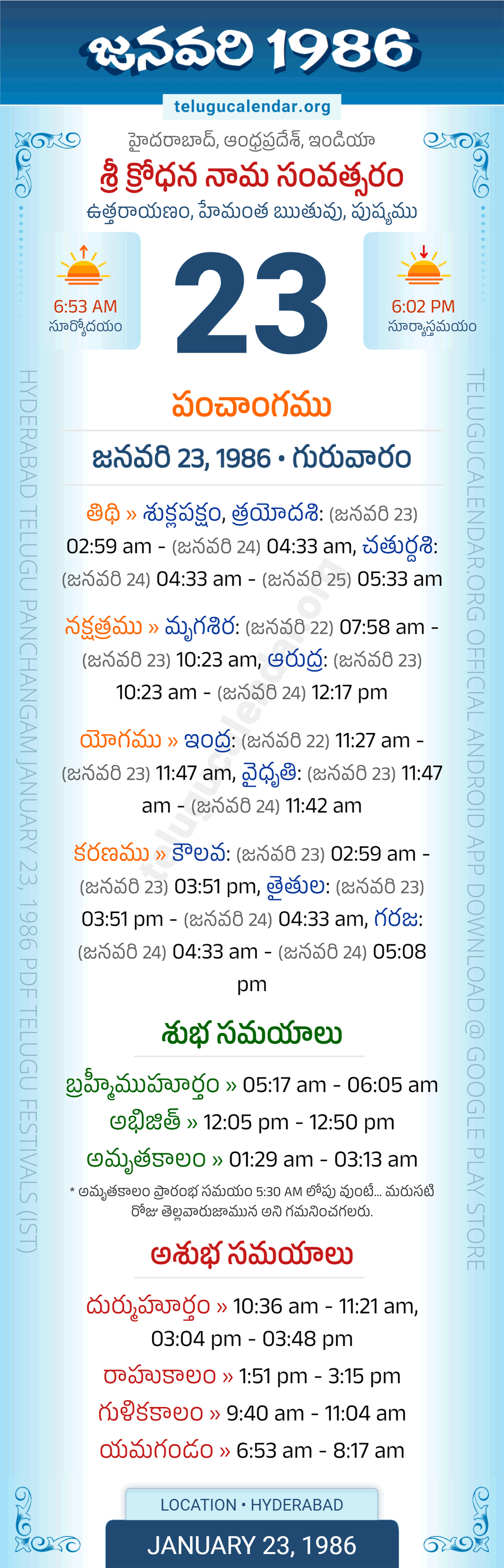 January 23, 1986 Telugu Calendar Panchangam Daily