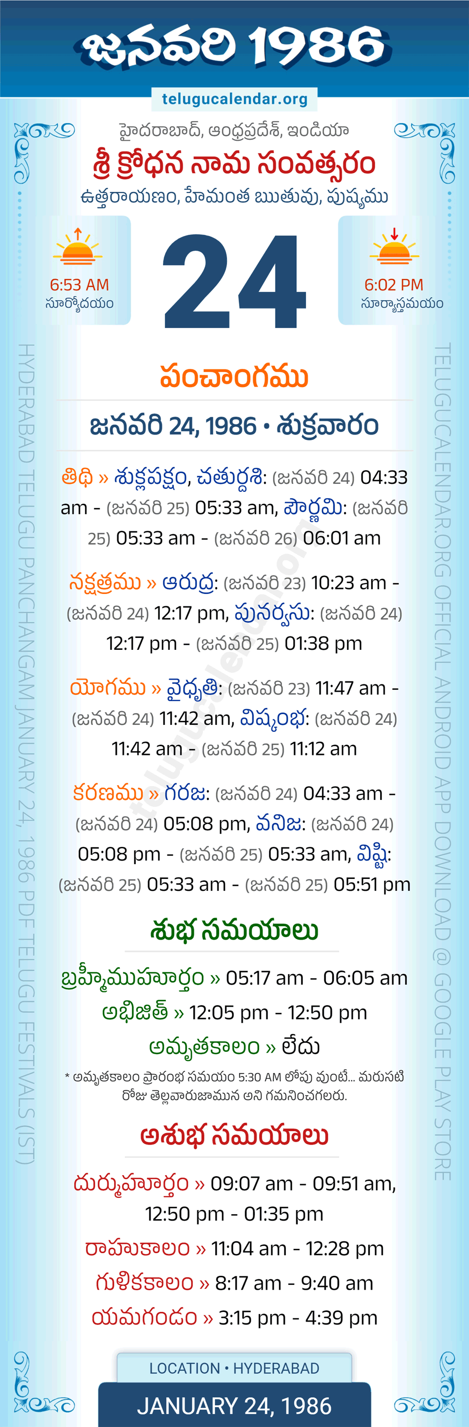 January 24, 1986 Telugu Calendar Panchangam Daily
