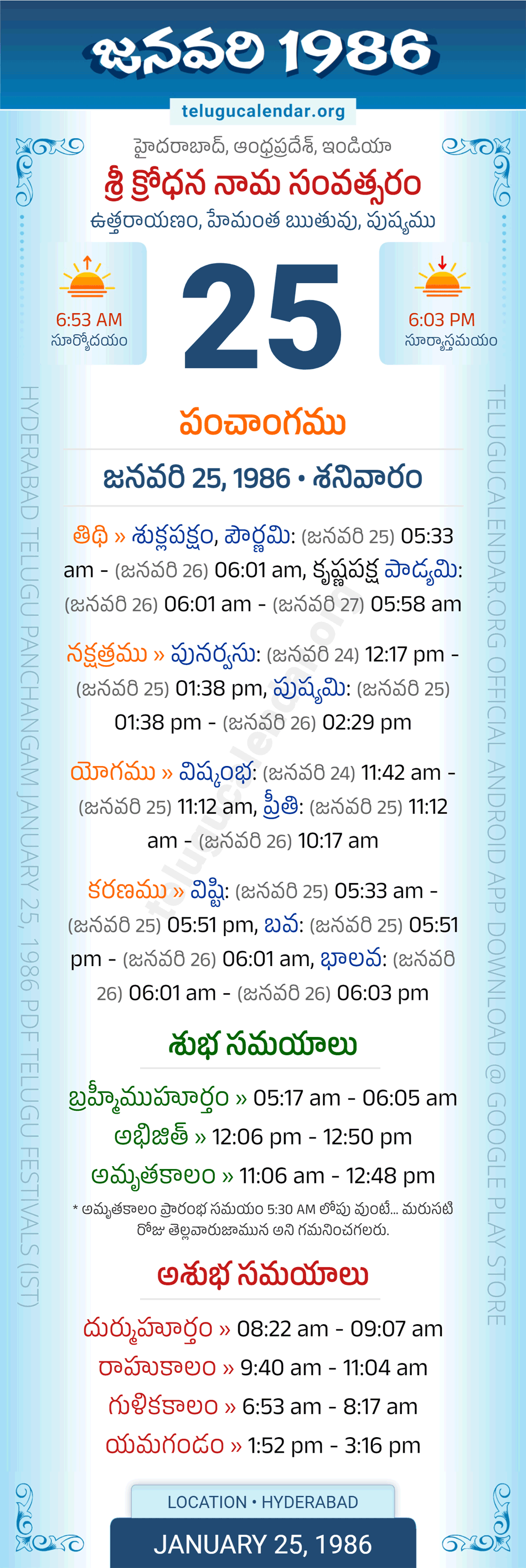January 25, 1986 Telugu Calendar Panchangam Daily