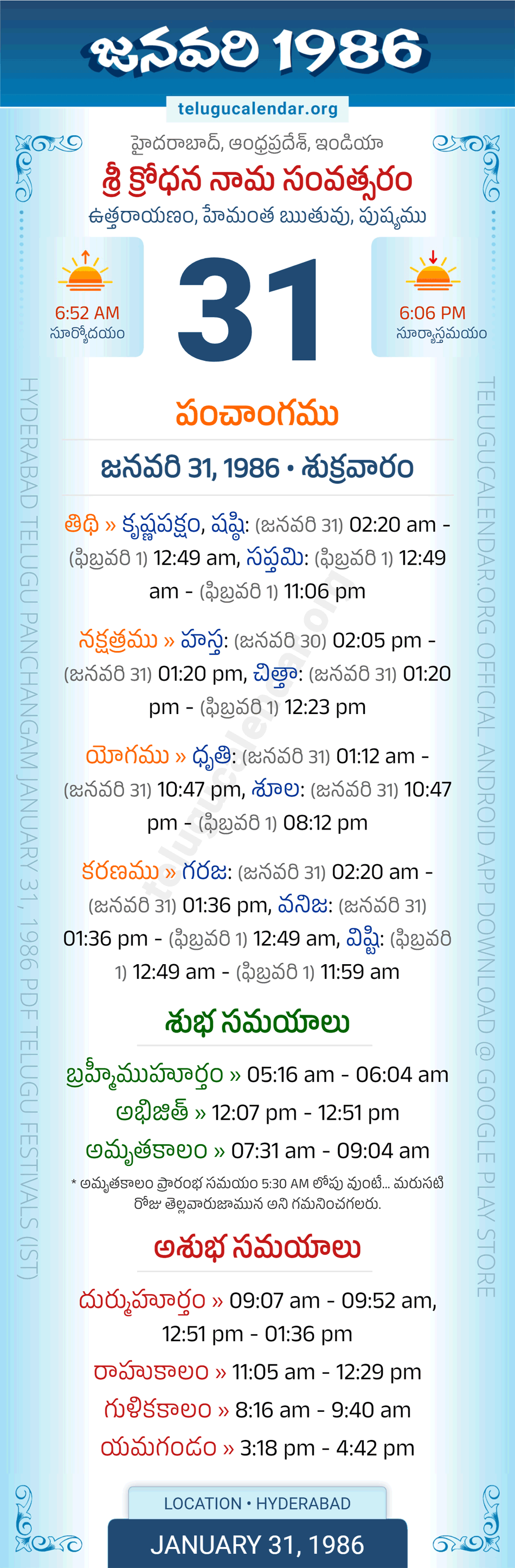 January 31, 1986 Telugu Calendar Panchangam Daily
