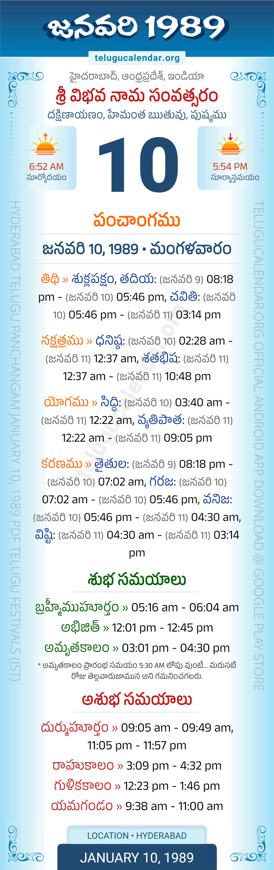 January 10, 1989 Telugu Calendar Panchangam Daily