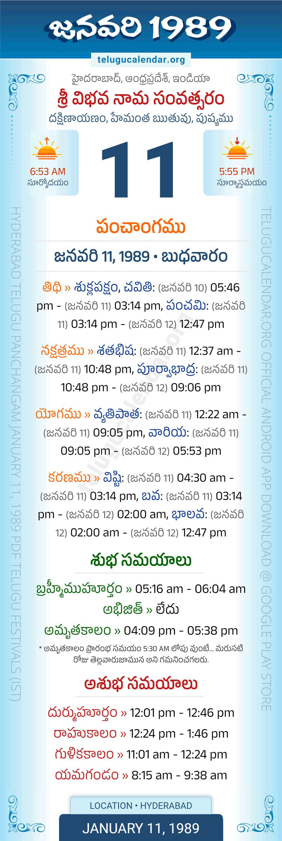 January 11, 1989 Telugu Calendar Panchangam Daily