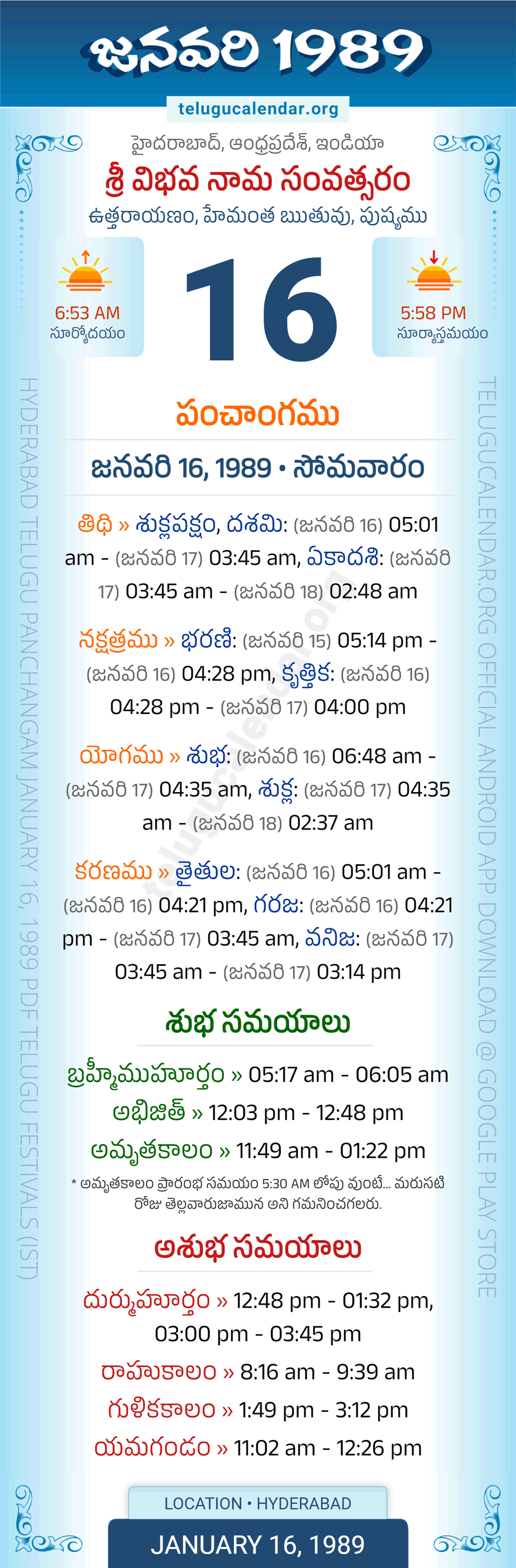January 16, 1989 Telugu Calendar Panchangam Daily