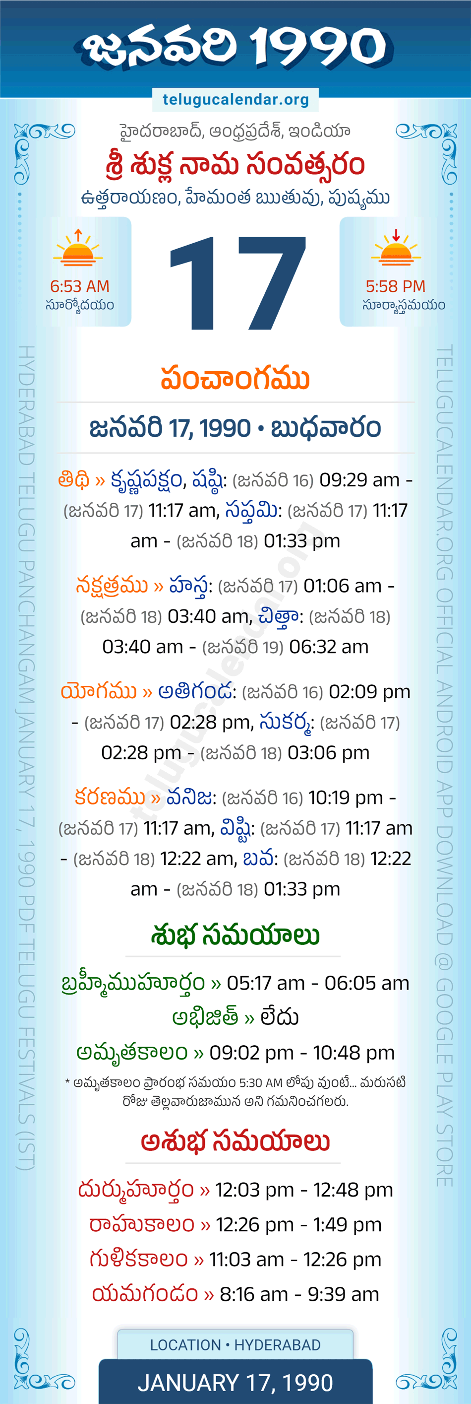January 17, 1990 Telugu Calendar Panchangam Daily
