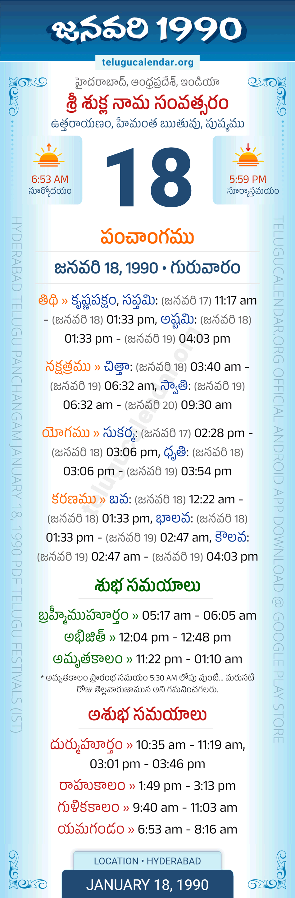January 18, 1990 Telugu Calendar Panchangam Daily