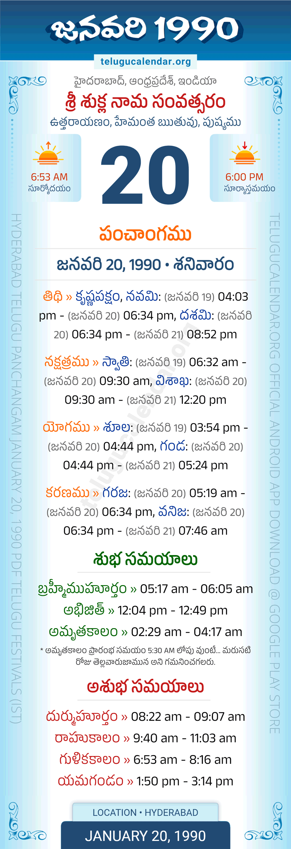 January 20, 1990 Telugu Calendar Panchangam Daily