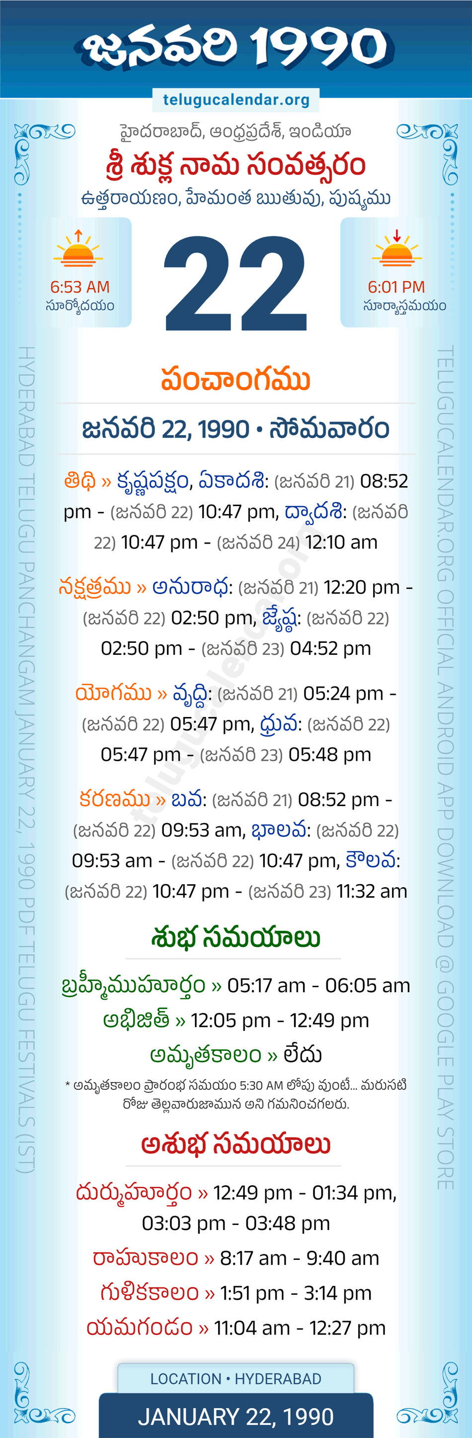 January 22, 1990 Telugu Calendar Panchangam Daily