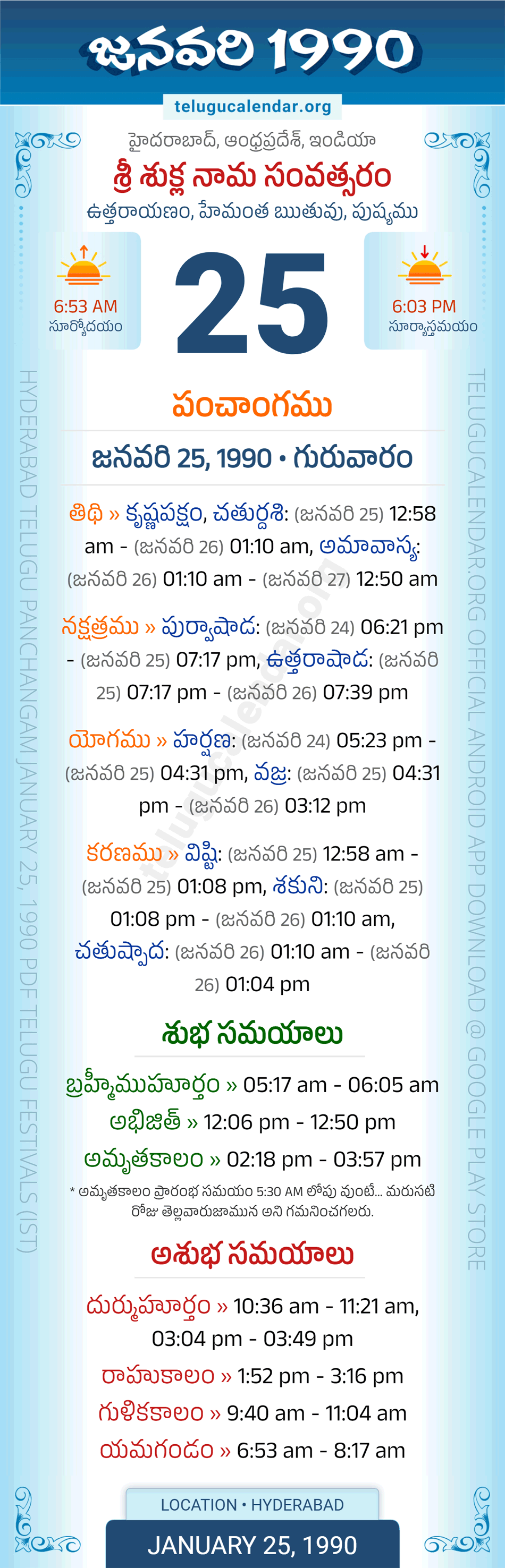 January 25, 1990 Telugu Calendar Panchangam Daily