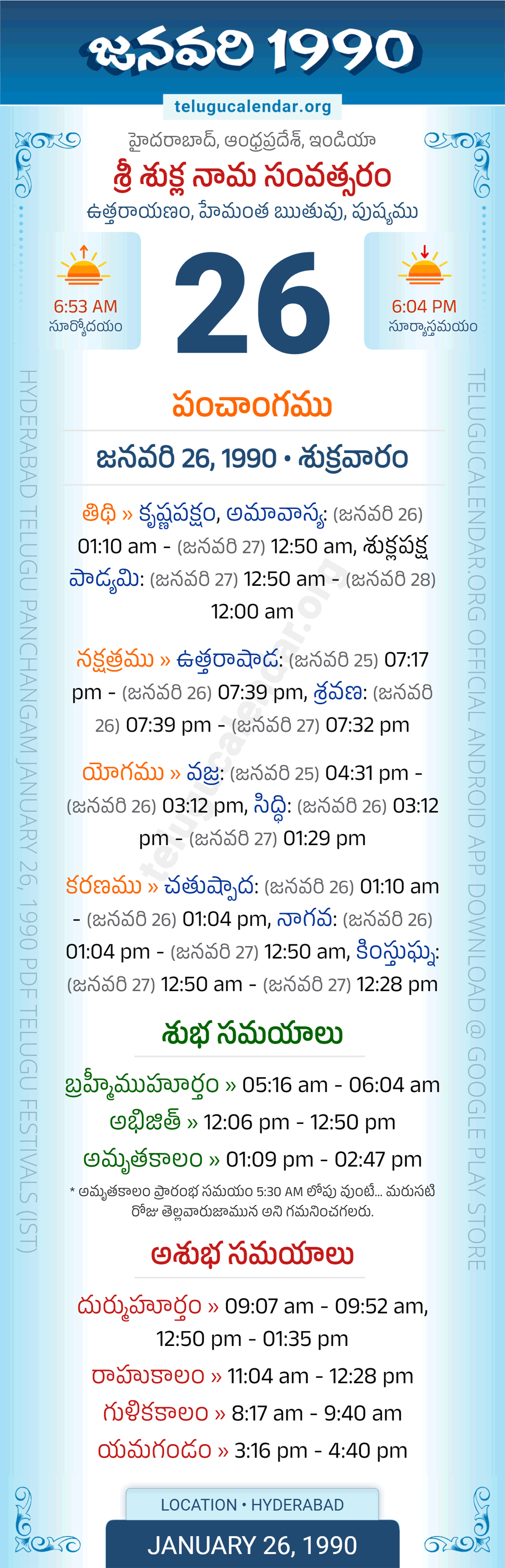 January 26, 1990 Telugu Calendar Panchangam Daily