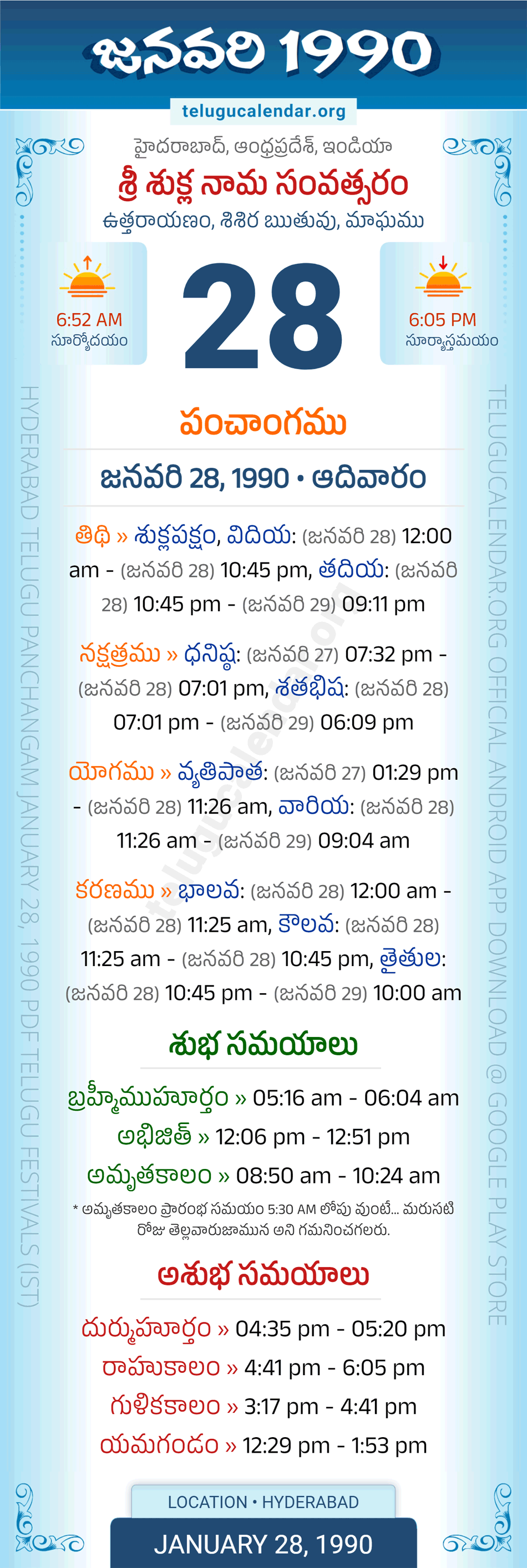 January 28, 1990 Telugu Calendar Panchangam Daily