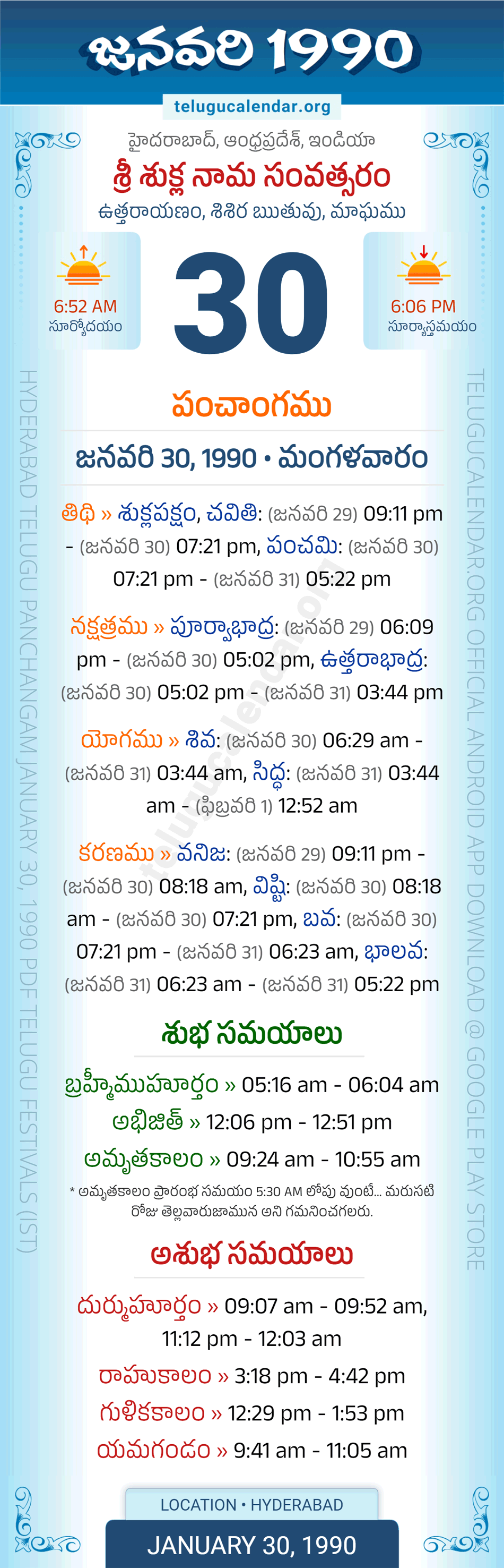 January 30, 1990 Telugu Calendar Panchangam Daily