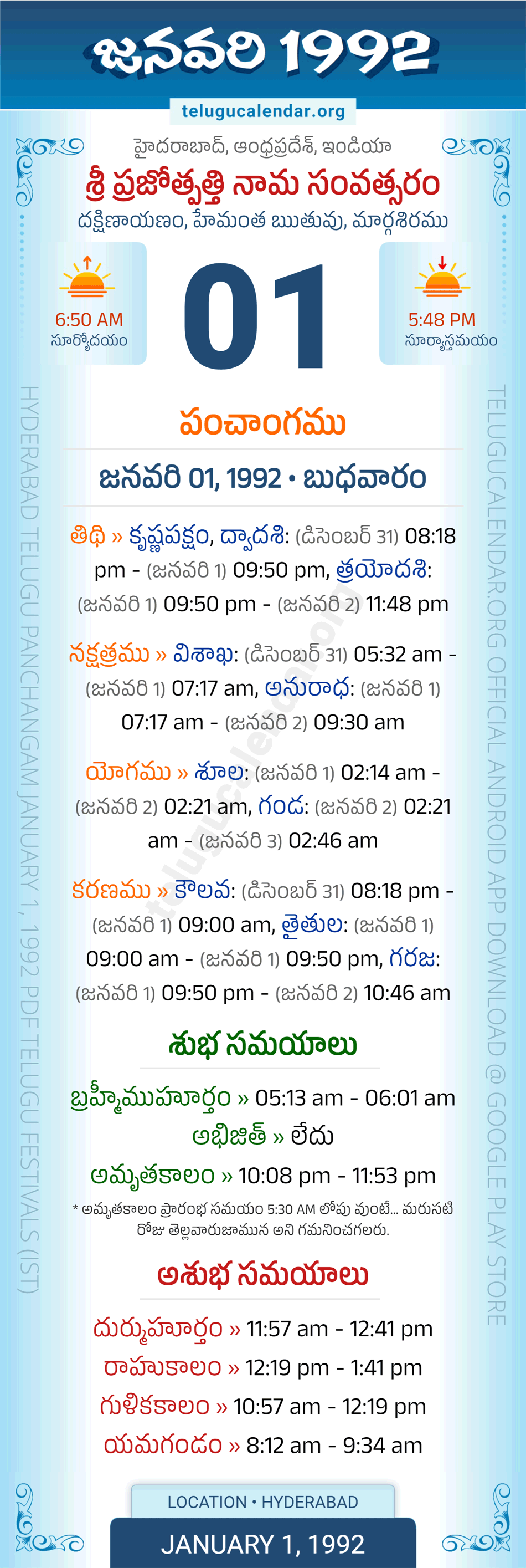 January 1, 1992 Telugu Calendar Panchangam Daily