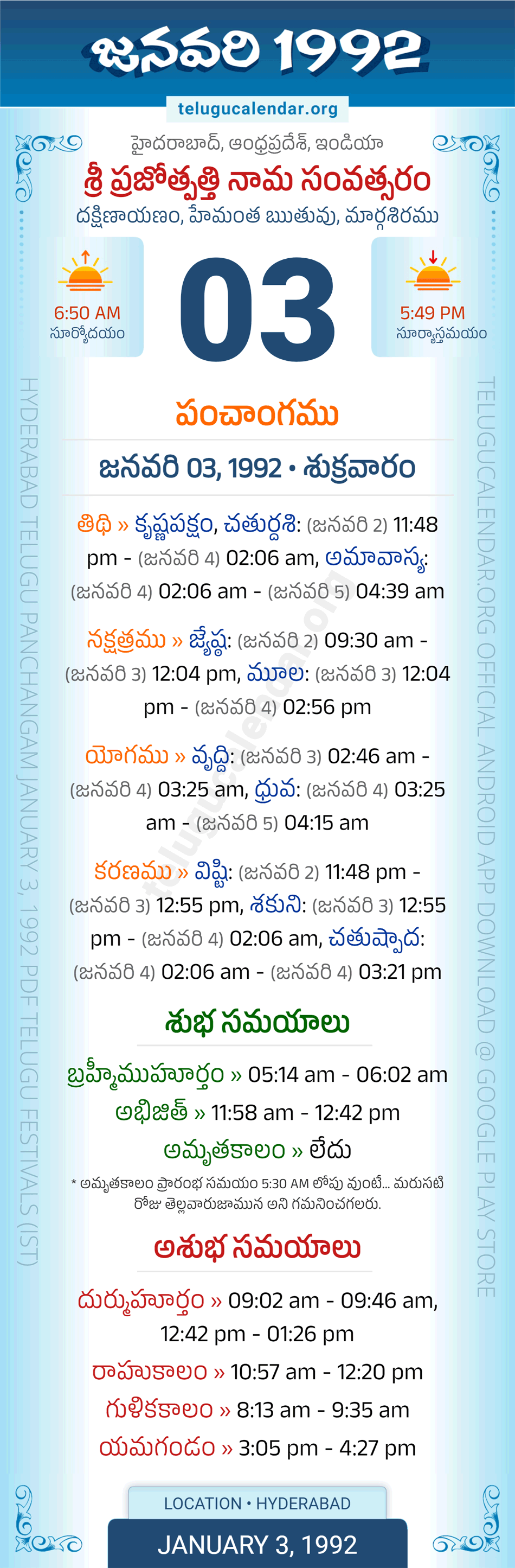January 3, 1992 Telugu Calendar Panchangam Daily