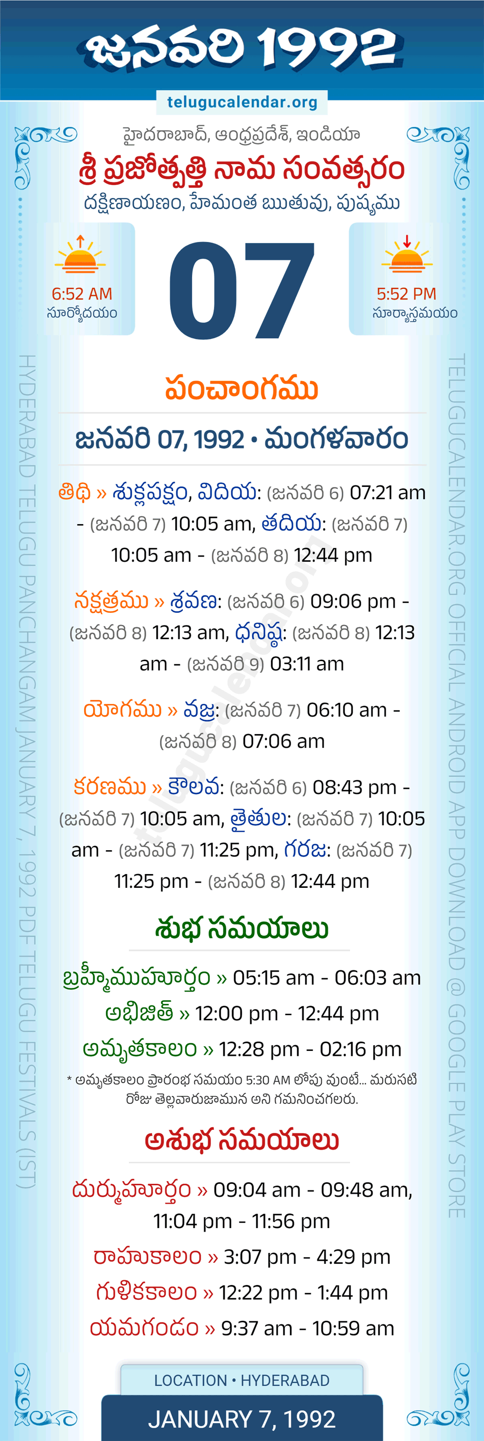 January 7, 1992 Telugu Calendar Panchangam Daily