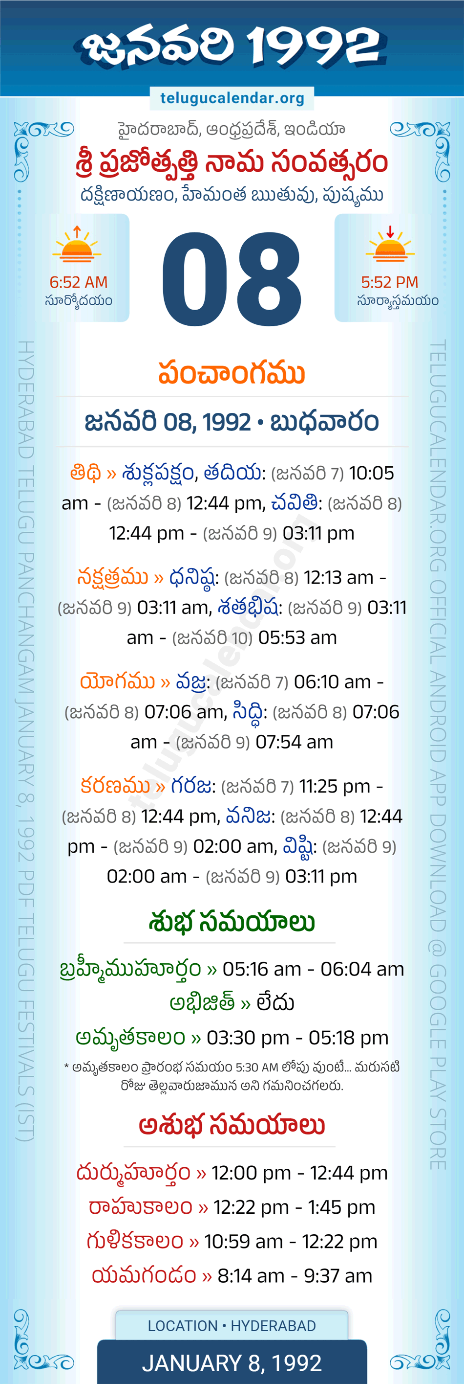 January 8, 1992 Telugu Calendar Panchangam Daily