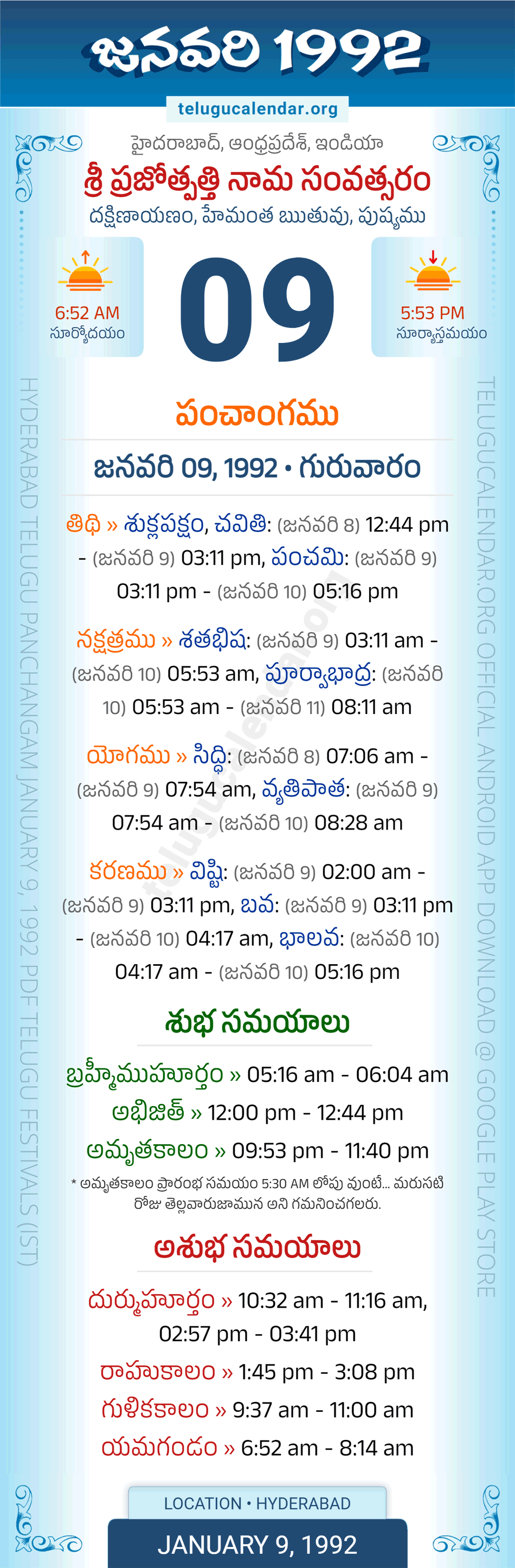 January 9, 1992 Telugu Calendar Panchangam Daily