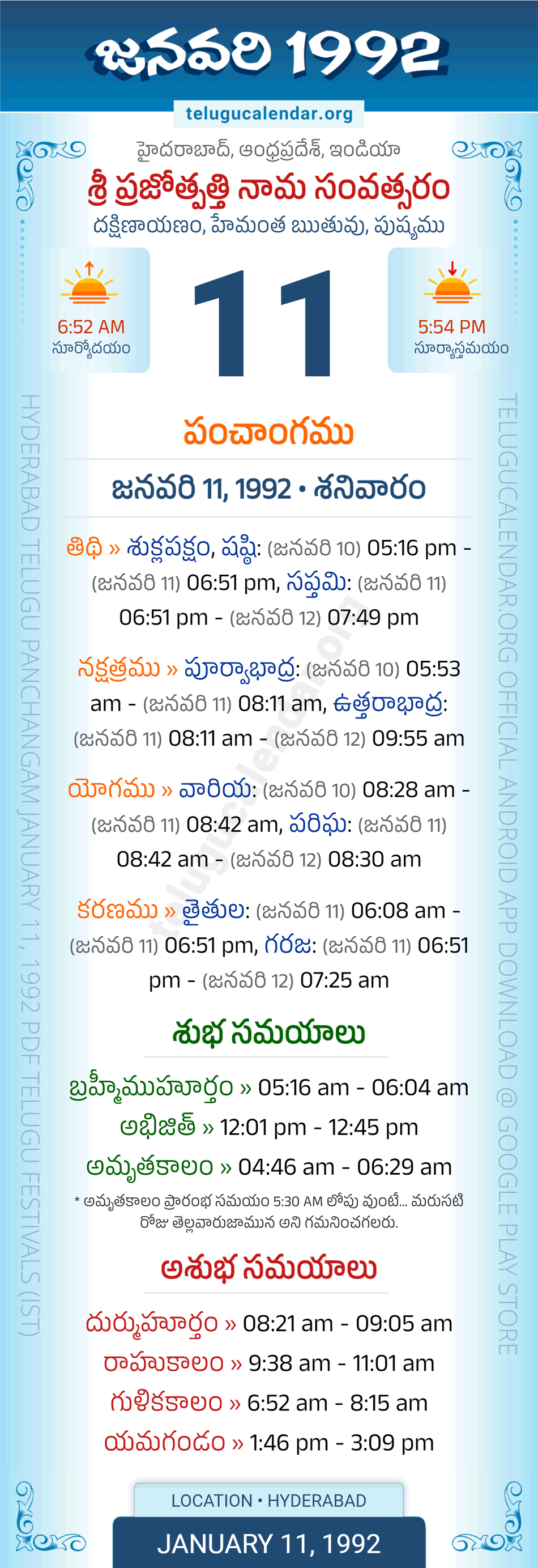 January 11, 1992 Telugu Calendar Panchangam Daily