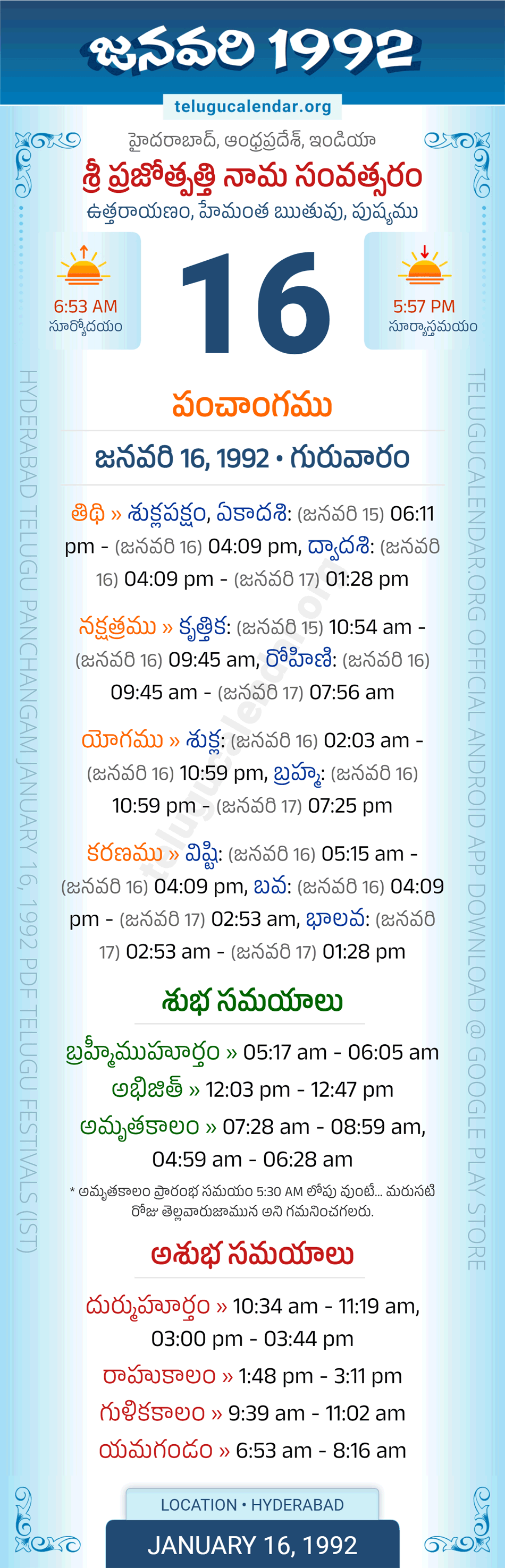 January 16, 1992 Telugu Calendar Panchangam Daily