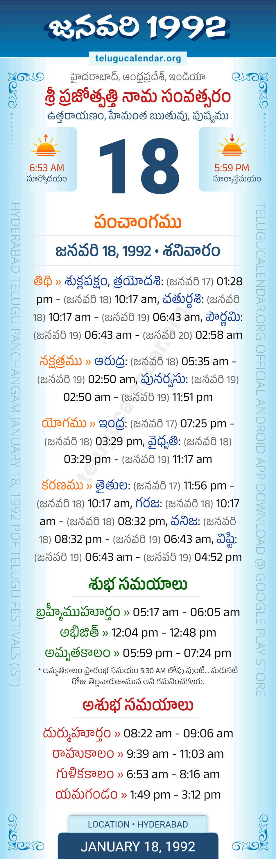 January 18, 1992 Telugu Calendar Panchangam Daily