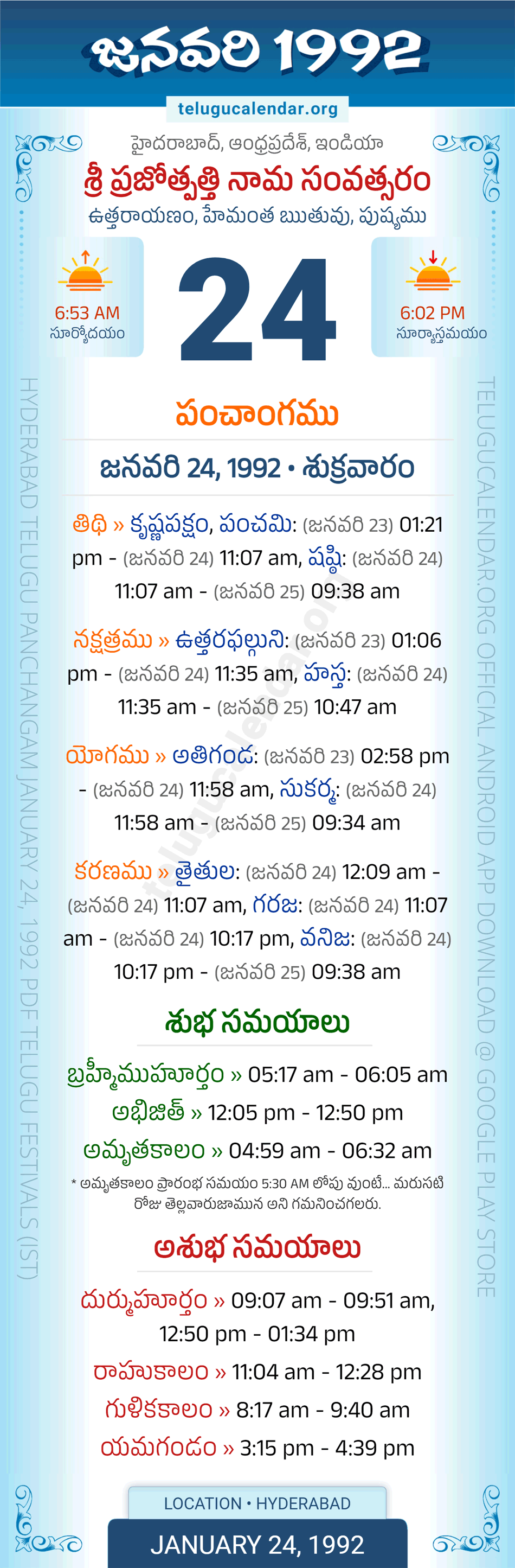 January 24, 1992 Telugu Calendar Panchangam Daily