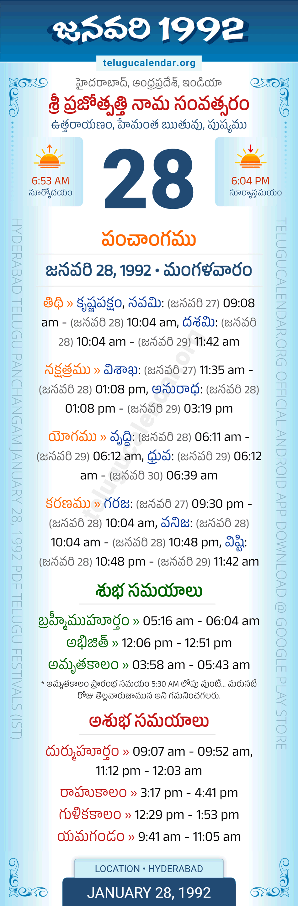 January 28, 1992 Telugu Calendar Panchangam Daily