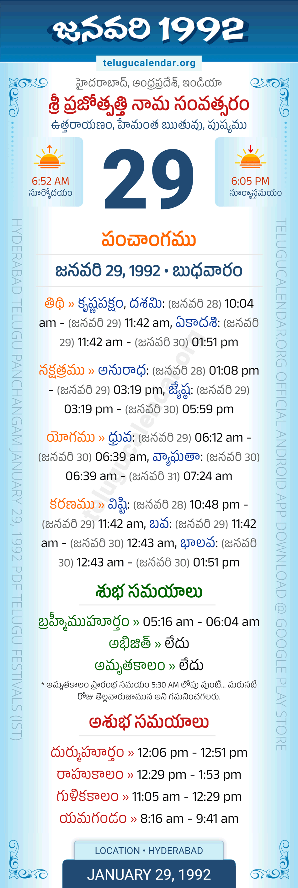 January 29, 1992 Telugu Calendar Panchangam Daily