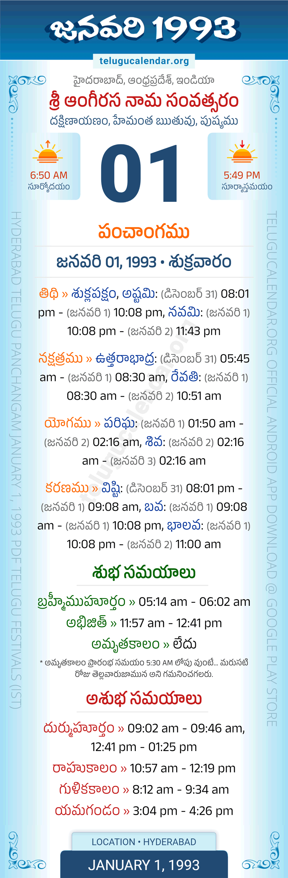January 1, 1993 Telugu Calendar Panchangam Daily