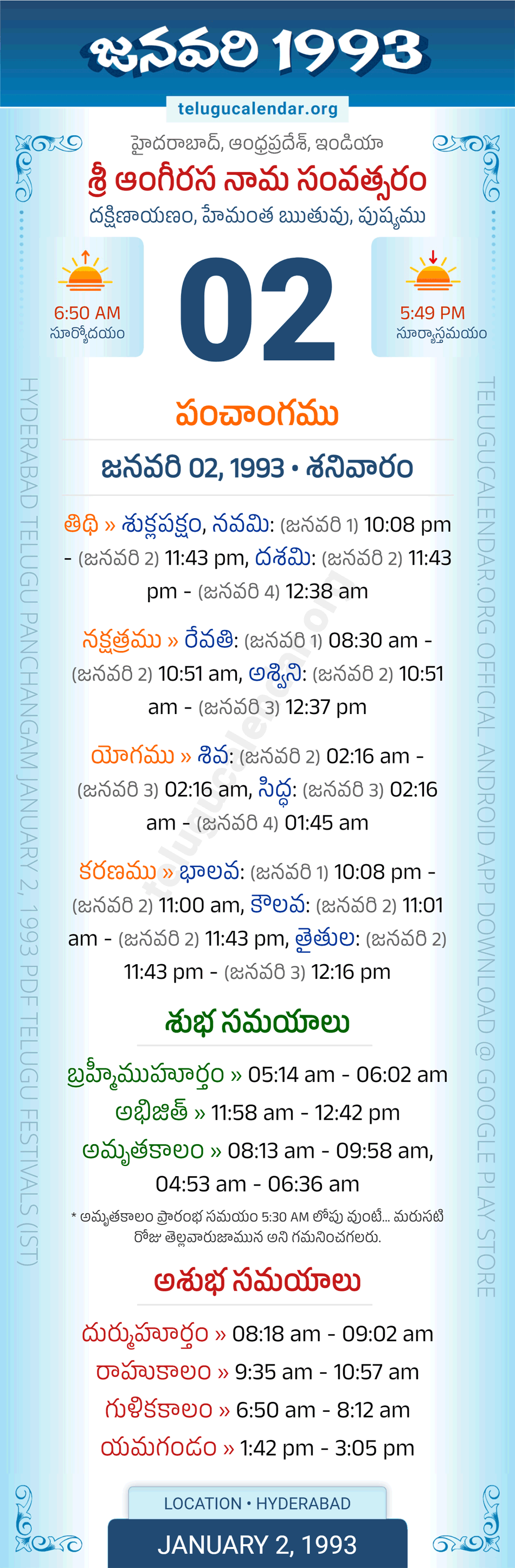 January 2, 1993 Telugu Calendar Panchangam Daily
