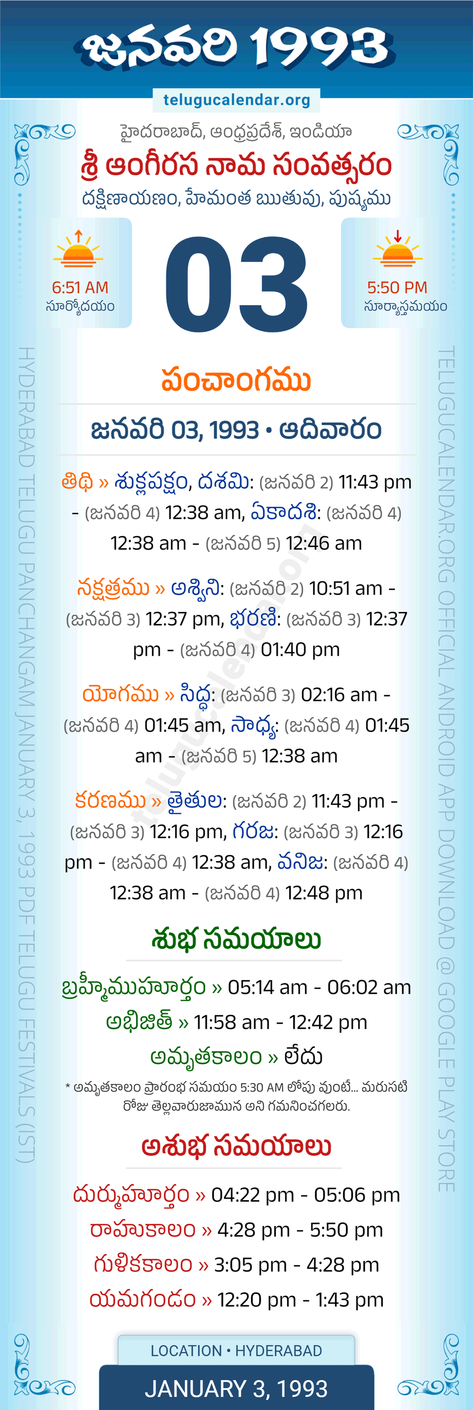 January 3, 1993 Telugu Calendar Panchangam Daily
