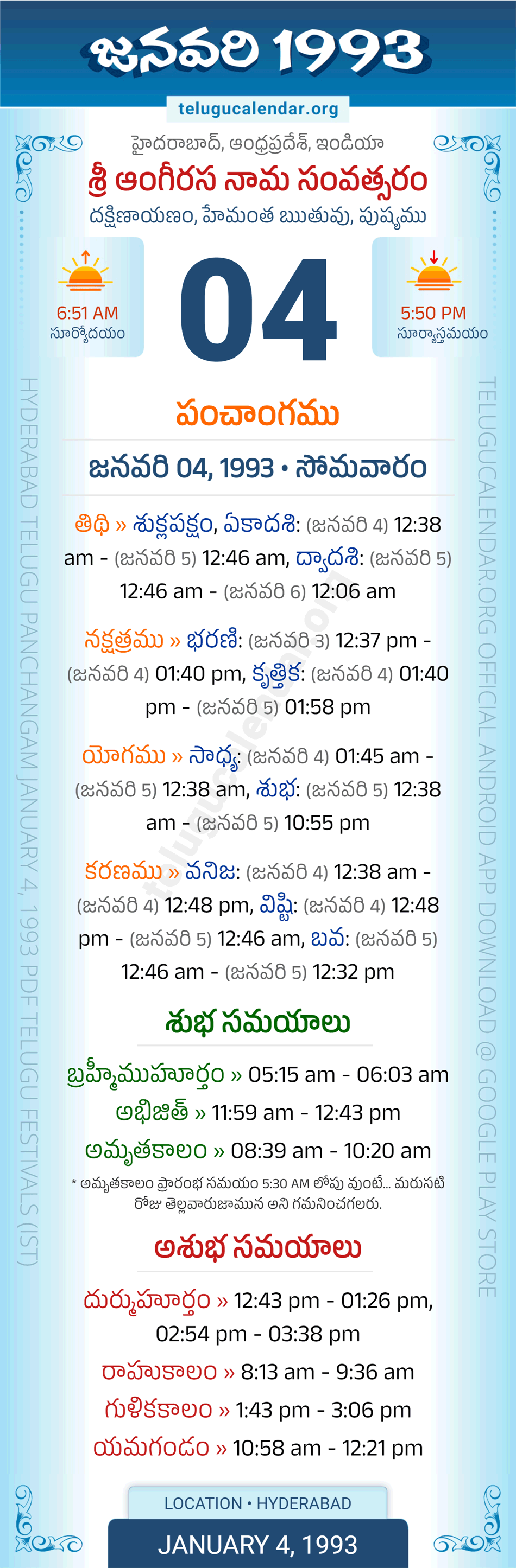 January 4, 1993 Telugu Calendar Panchangam Daily