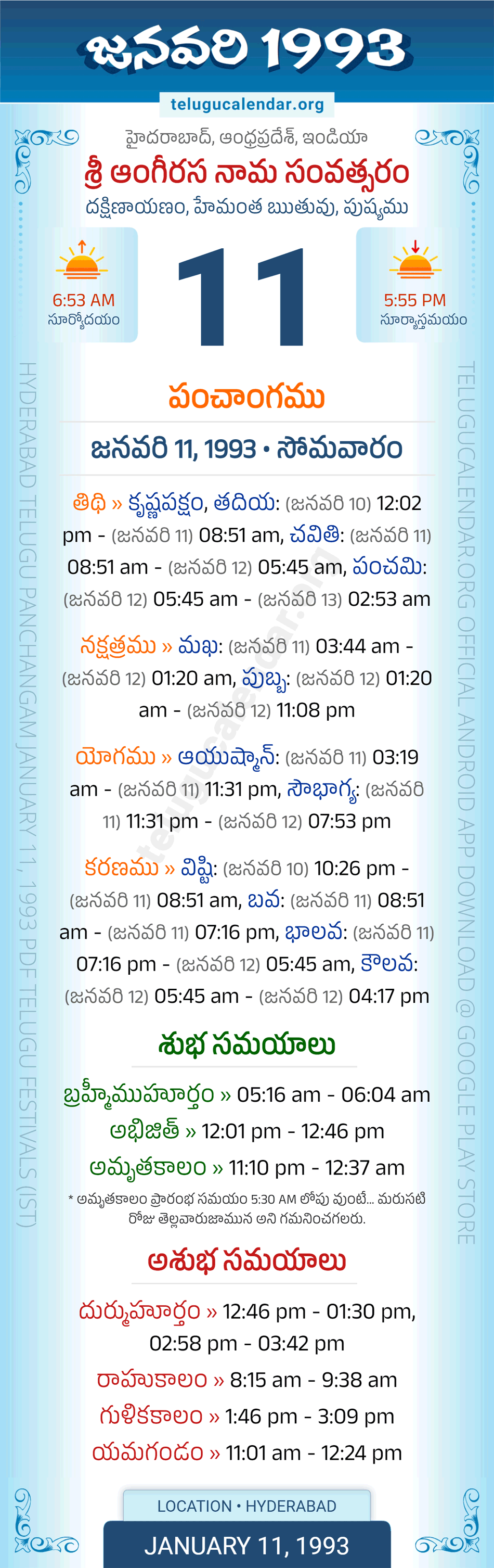 January 11, 1993 Telugu Calendar Panchangam Daily