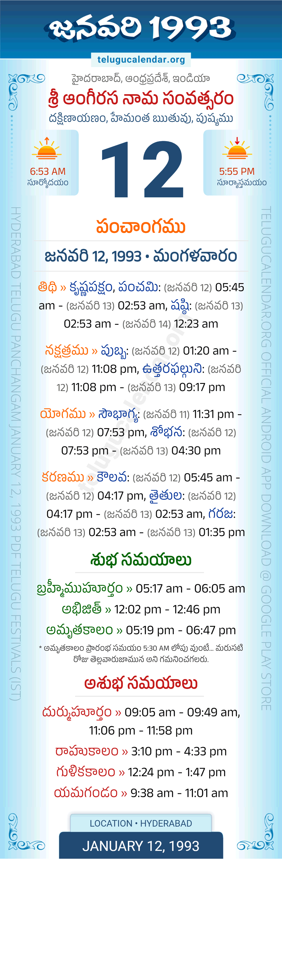 January 12, 1993 Telugu Calendar Panchangam Daily