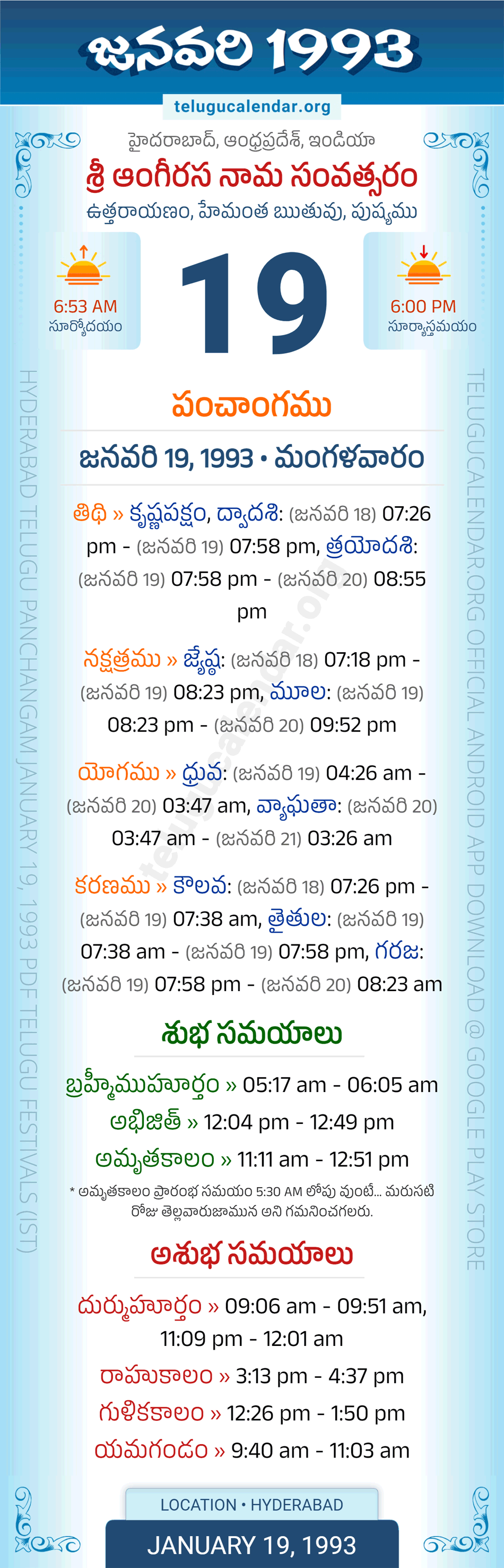 January 19, 1993 Telugu Calendar Panchangam Daily
