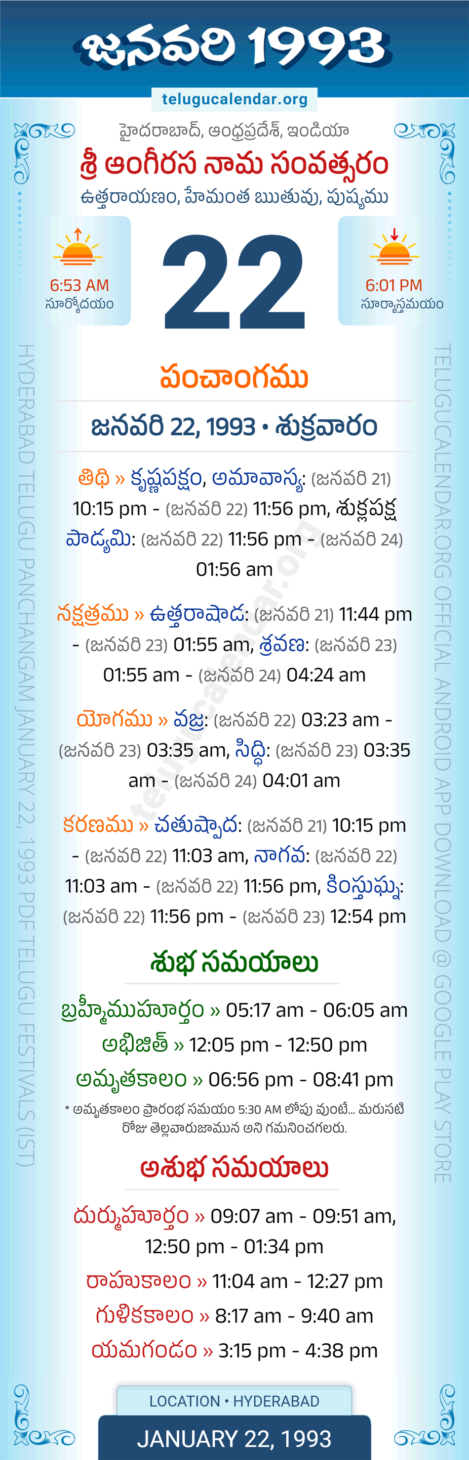 January 22, 1993 Telugu Calendar Panchangam Daily