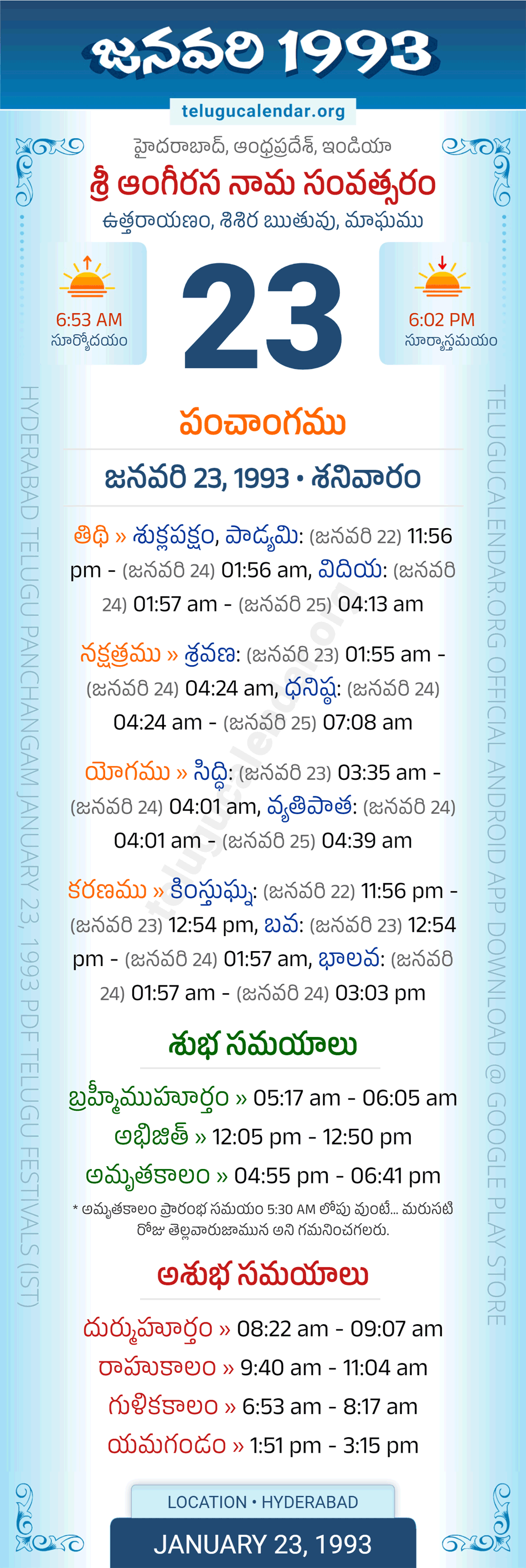 January 23, 1993 Telugu Calendar Panchangam Daily