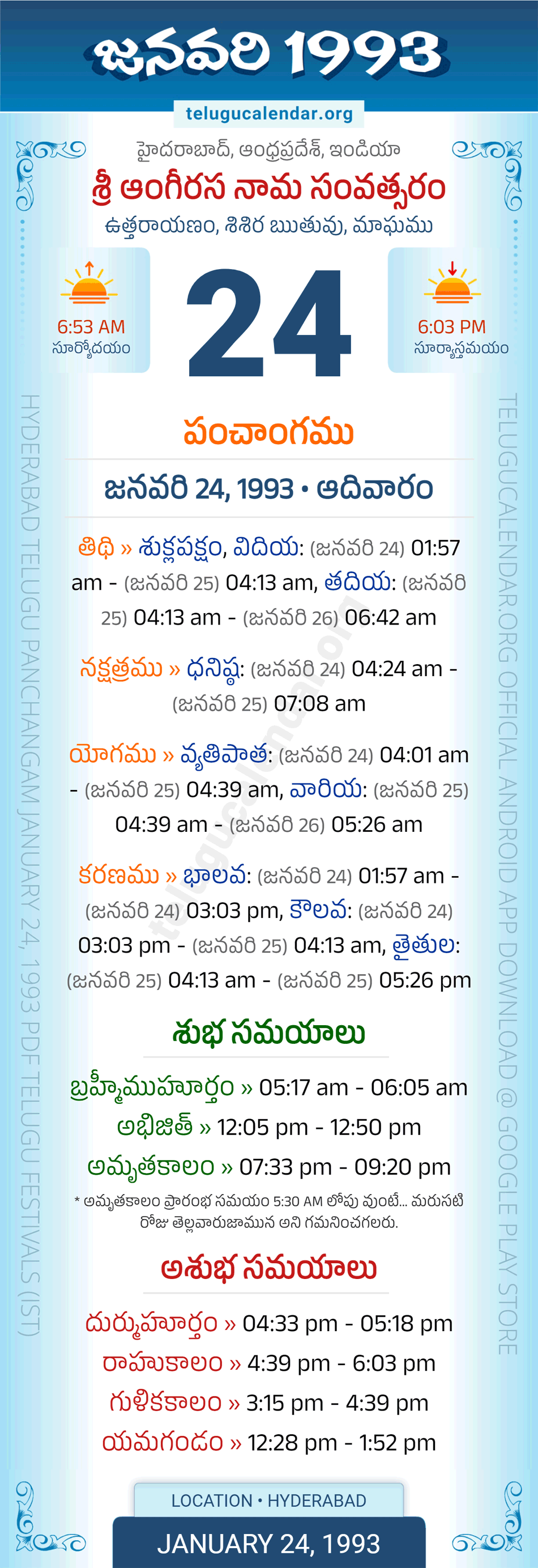 January 24, 1993 Telugu Calendar Panchangam Daily