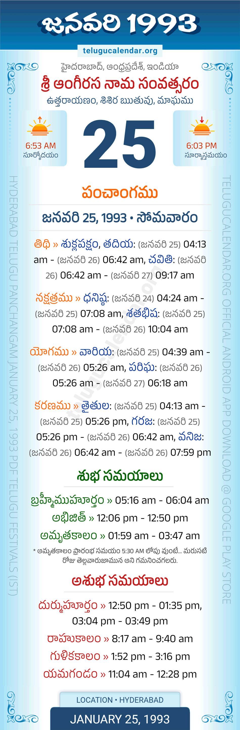 January 25, 1993 Telugu Calendar Panchangam Daily