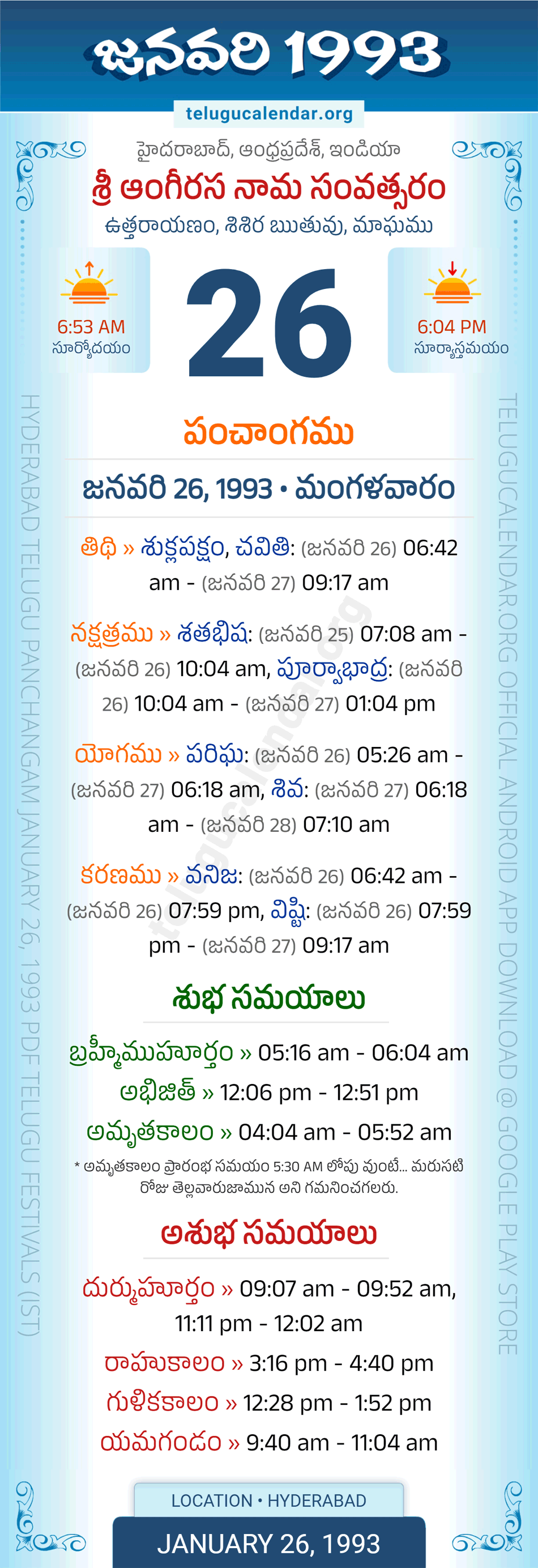January 26, 1993 Telugu Calendar Panchangam Daily