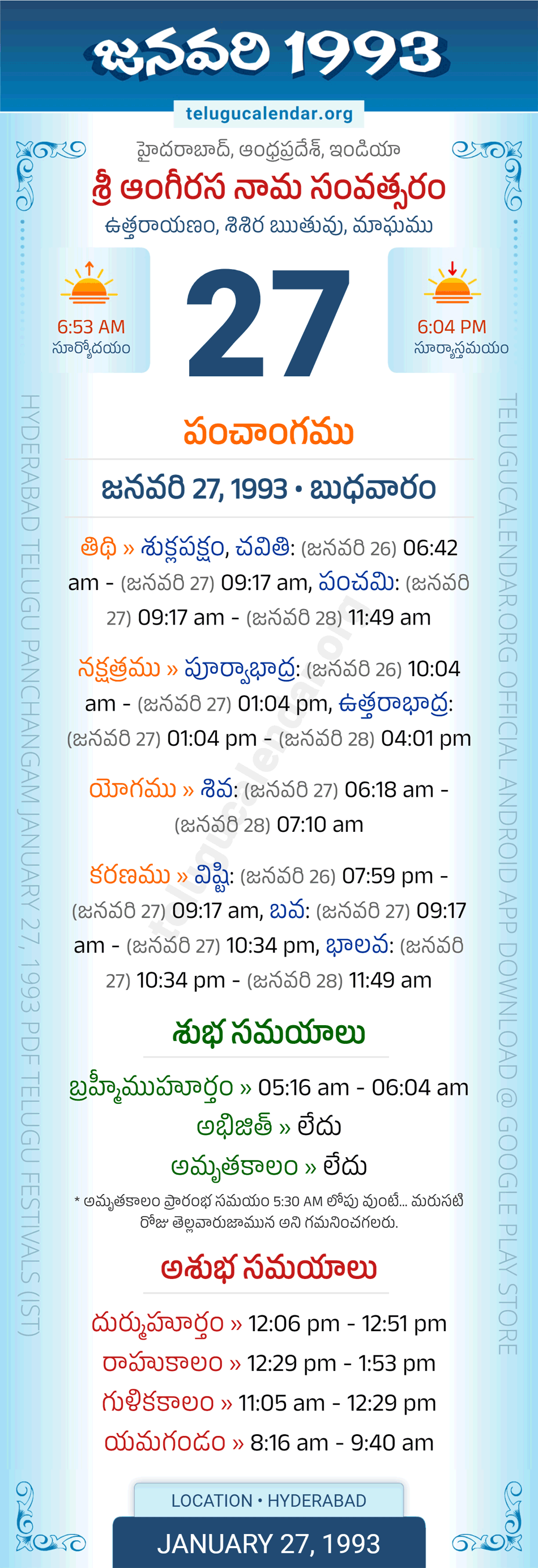 January 27, 1993 Telugu Calendar Panchangam Daily