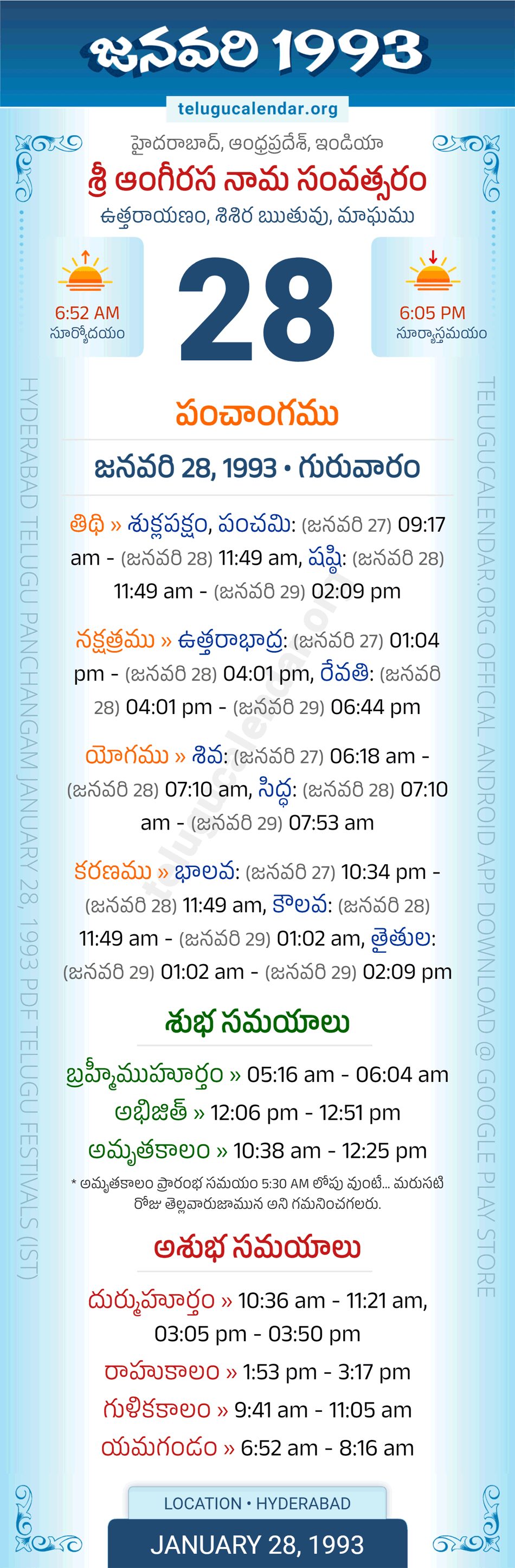January 28, 1993 Telugu Calendar Panchangam Daily