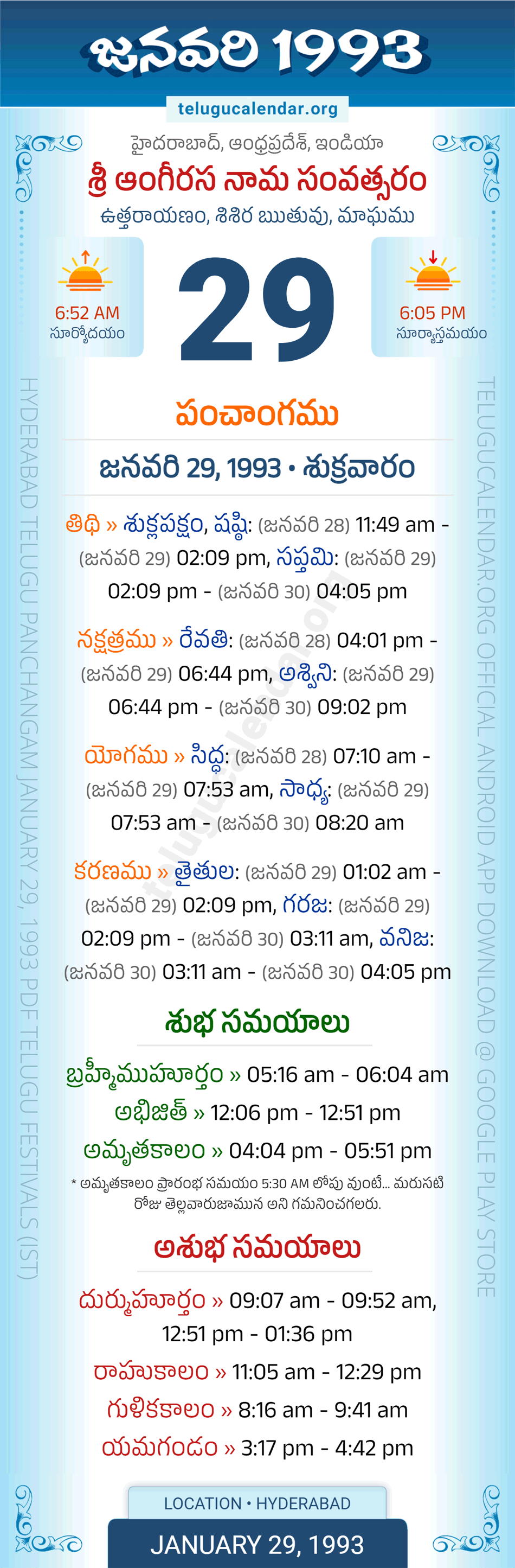 January 29, 1993 Telugu Calendar Panchangam Daily