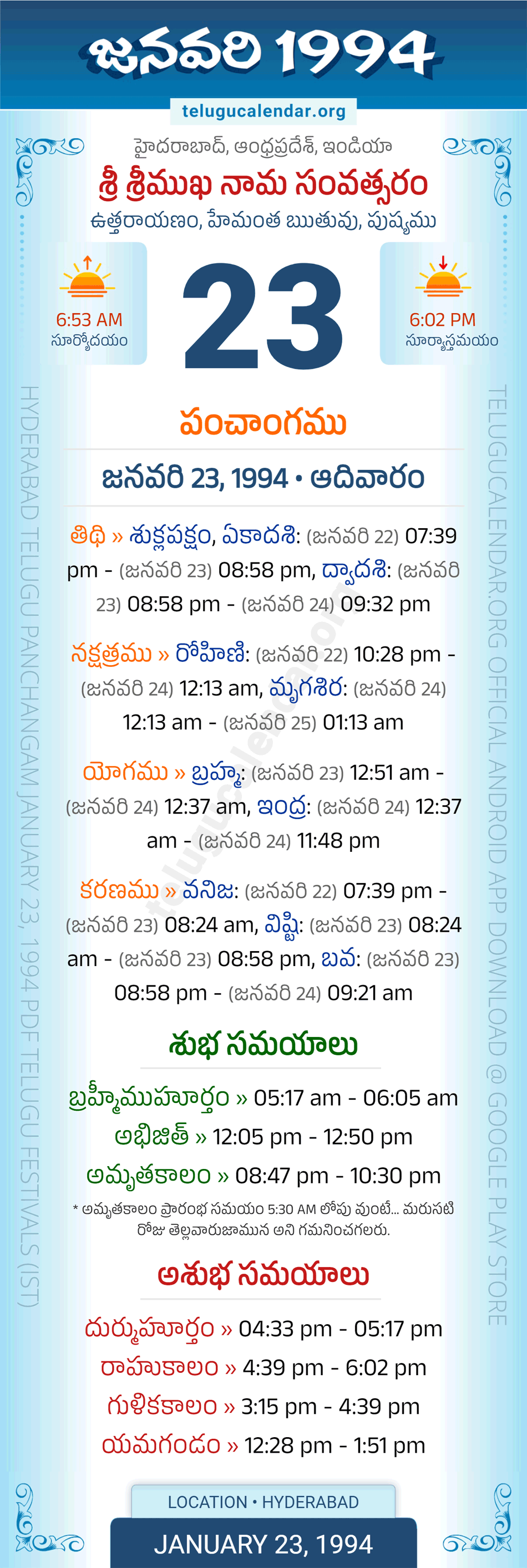 January 23, 1994 Telugu Calendar Panchangam Daily